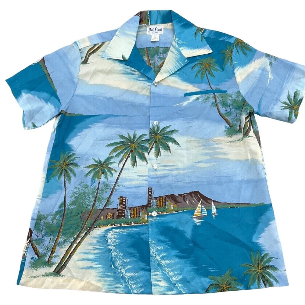 Rai Nani Shirt Men Large Blue Green Tropical Aloha Vacation VTG Hawaii USA